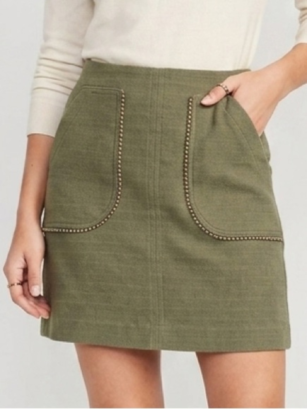 LOFT Olive Green Mini Cotton Blend Skirt with Front Patch Pockets
